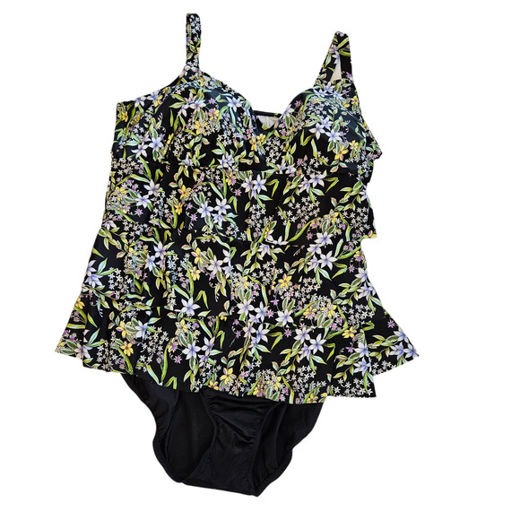 Swim Solutions Black Floral Prairie Flyaway Tummy-Control Swim Dress Plus 16W - Picture 2 of 12